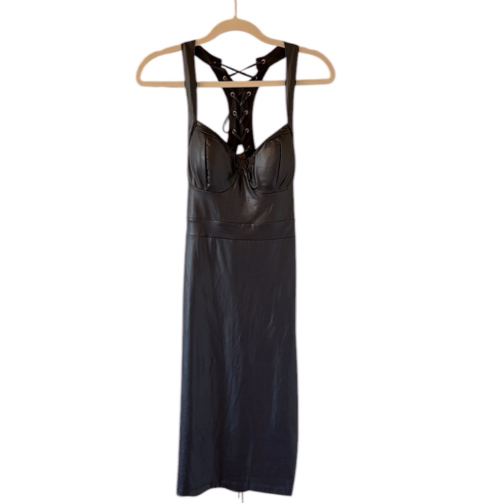 Windsor Women’s Faux Leather Lace Up Midi Dress Black Vegan Goth Chic Size XS